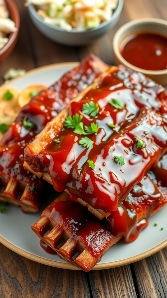 Crispy Air Fryer Pork Ribs Recipe Crispy air fryer pork ribs glazed with barbecue sauce, served with coleslaw on a rustic table.
